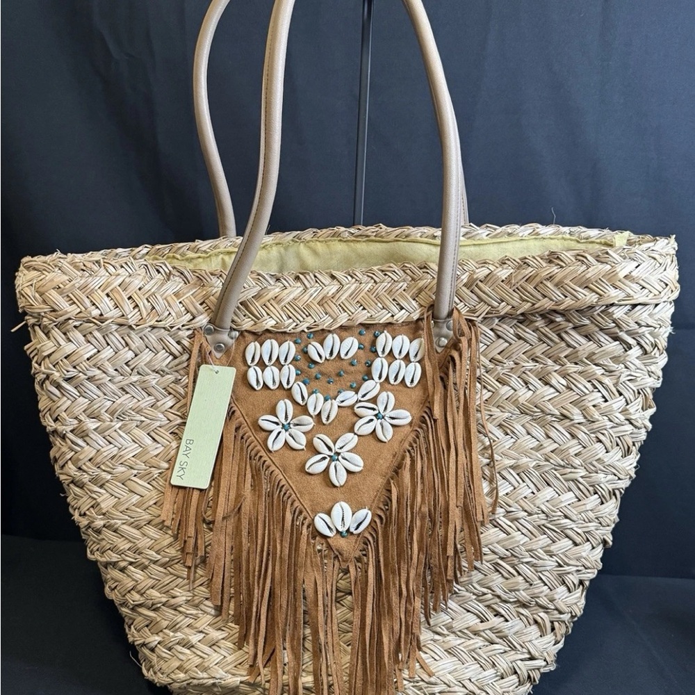 BAY SKY Vegan Fringe Straw Tote Beach or Market Bag- NWT